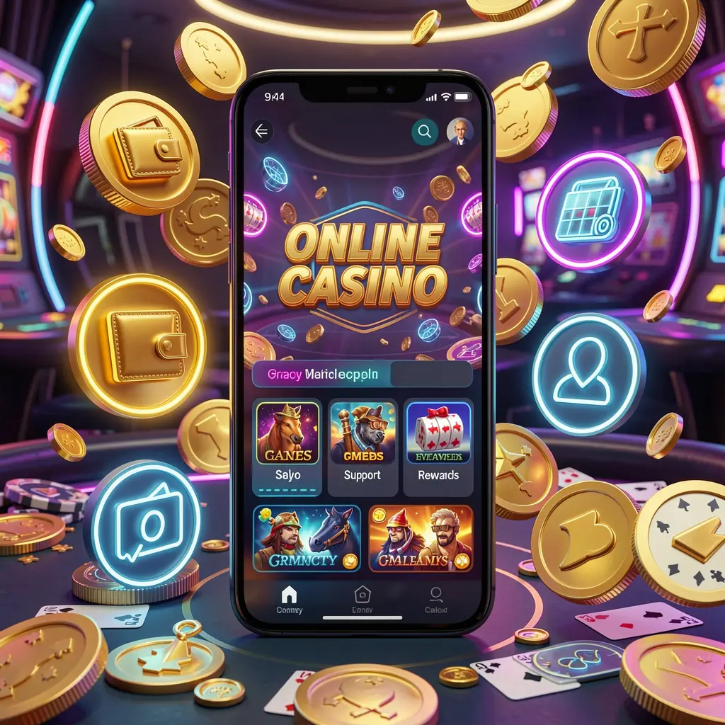 MOONPINAS online casino app interface on a smartphone surrounded by icons for wallet, games, support, and rewards with golden coins and neon lights in a luxury 3D render