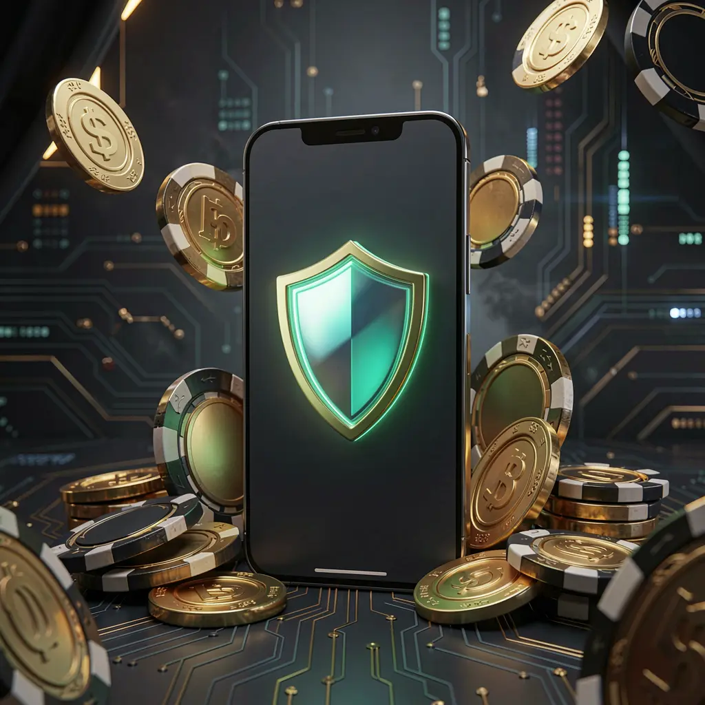 MOONPINAS secure mobile casino app concept showing a smartphone with a glowing shield icon surrounded by golden coins and chips against a dark luxury cyber background in a realistic 3D render