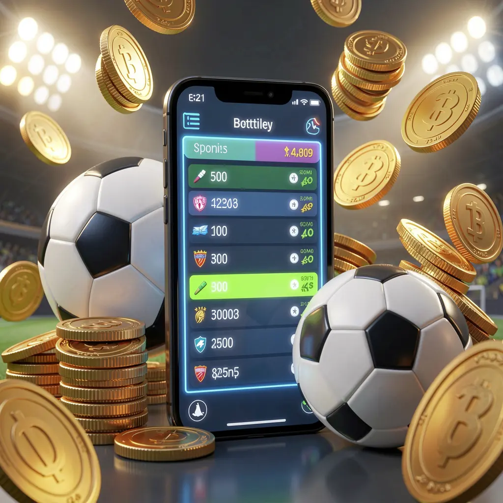 MOONPINAS modern football betting visual featuring a smartphone displaying glowing sports odds interface surrounded by a soccer ball, golden coins, and stadium lights in a premium 3D illustration