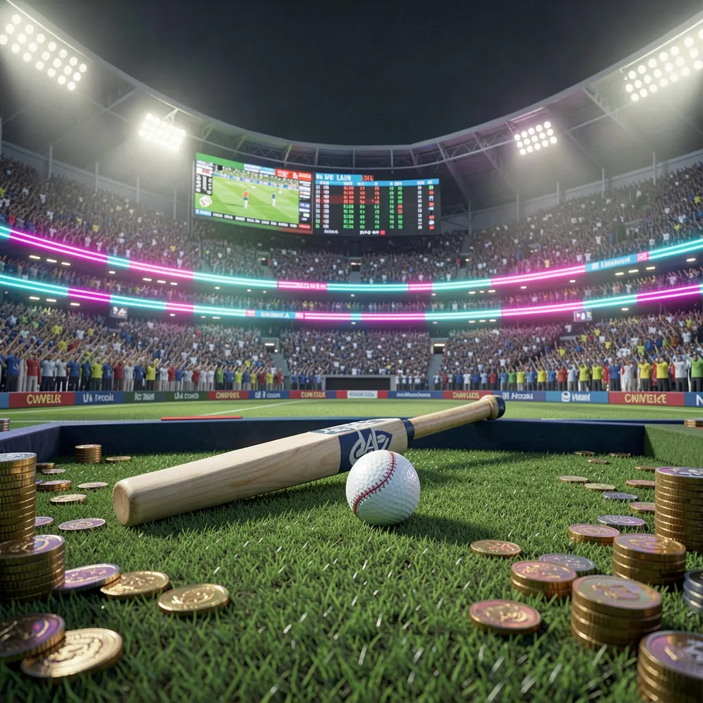 MOONPINAS cricket sportsbook scene showing a packed cricket stadium with a green field, bat and ball, digital live odds panels, coins, and neon lighting in a cinematic 3D render