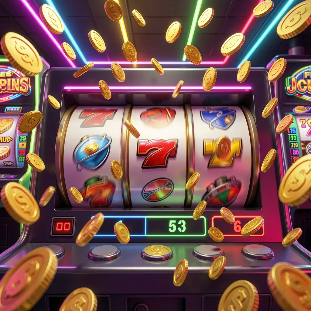 MOONPINAS free spins casino scene with slot machine reels spinning, golden coins flying everywhere, colorful neon lights, and an exciting jackpot mood in a premium 3D illustration