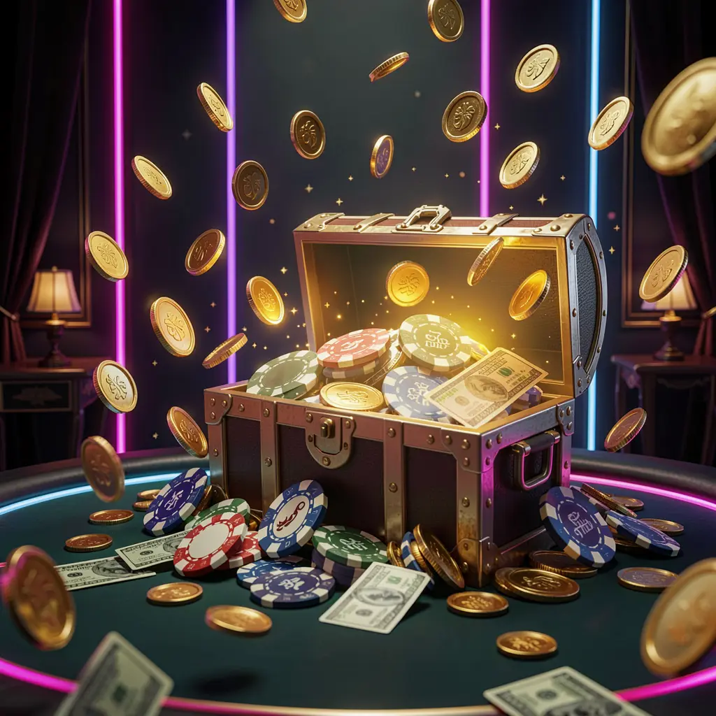 MOONPINAS premium online casino bonus banner featuring golden coins flying around a glowing treasure chest filled with chips and cash against a luxury dark background with neon accents in an elegant casino style