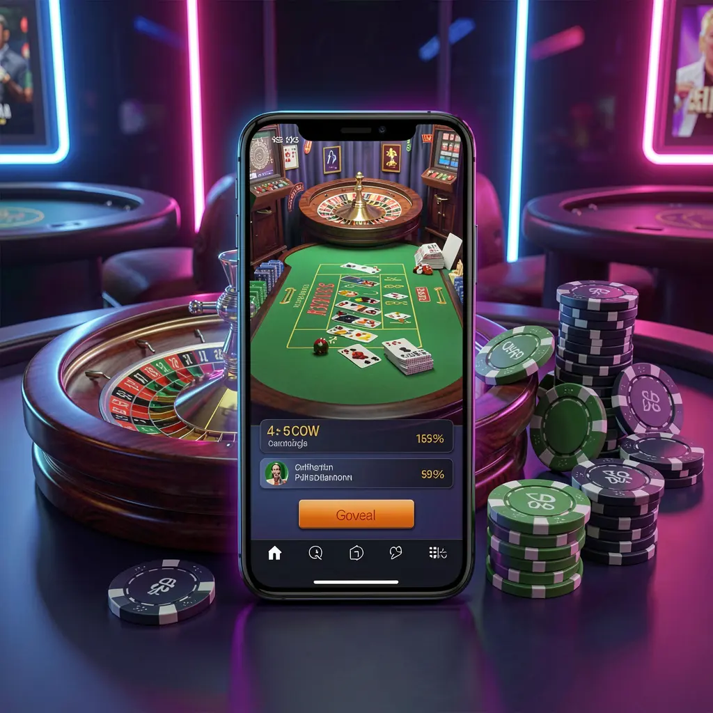 MOONPINAS online casino platform concept with a smartphone displaying a glowing casino interface, surrounded by a roulette wheel and poker chips on a premium neon background