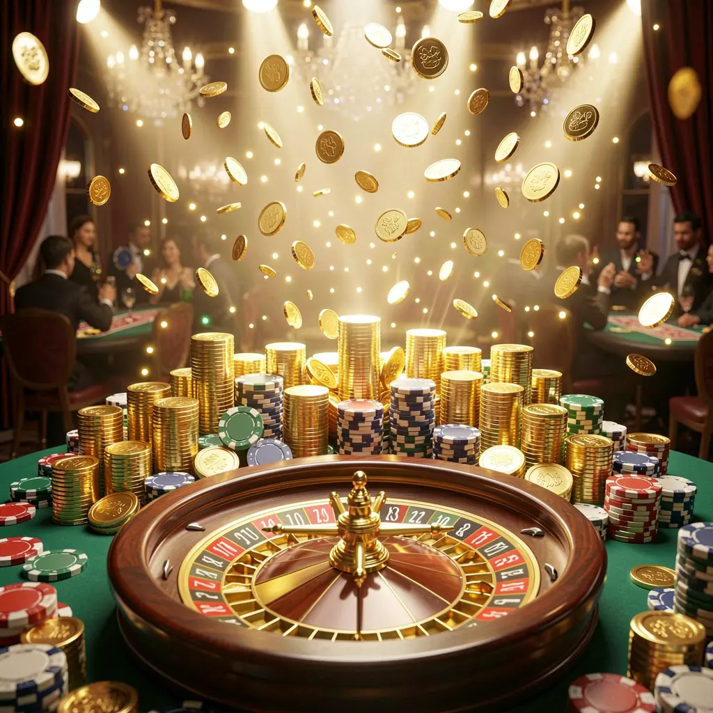 MOONPINAS casino jackpot scene featuring golden coins, poker chips, and a roulette wheel with bright glowing lights in a luxury celebration atmosphere
