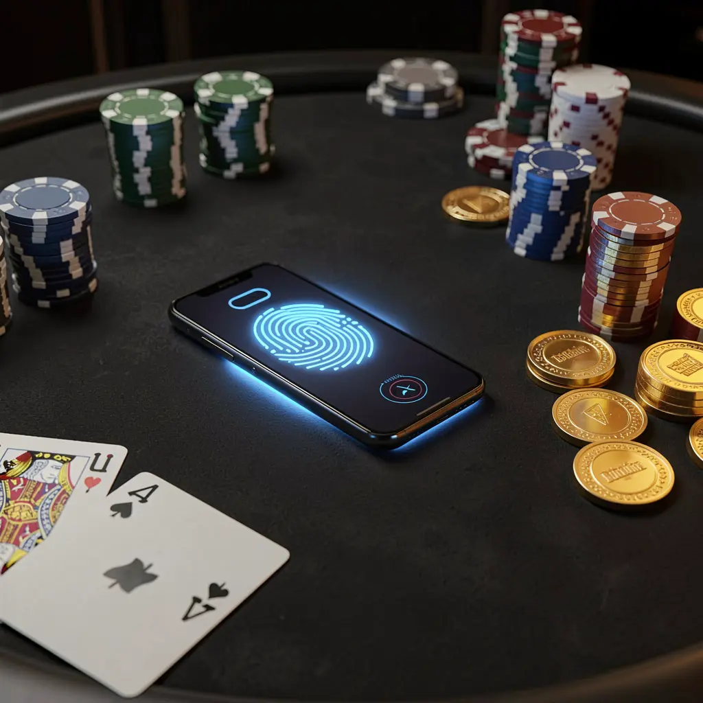 MOONPINAS online casino authentication concept showing a phone with a glowing fingerprint scan on a premium black table surrounded by poker chips, golden coins, and playing cards in a cinematic 3D render