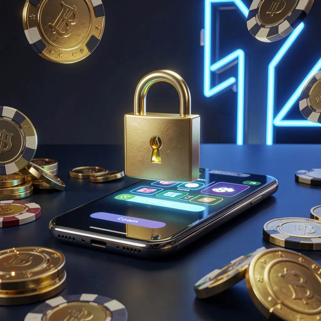 MOONPINAS casino login security image showing a glowing padlock floating above a smartphone with golden coins and chips scattered around against a dark blue neon background