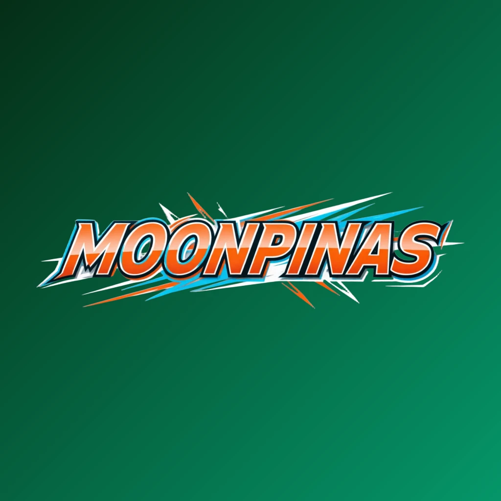 MOONPINAS powerful sports logo featuring bold italic lettering in bright orange, blue, and white with speed lines and energetic motion effects on a transparent background, designed as a wide horizontal rectangular wordmark for a website header