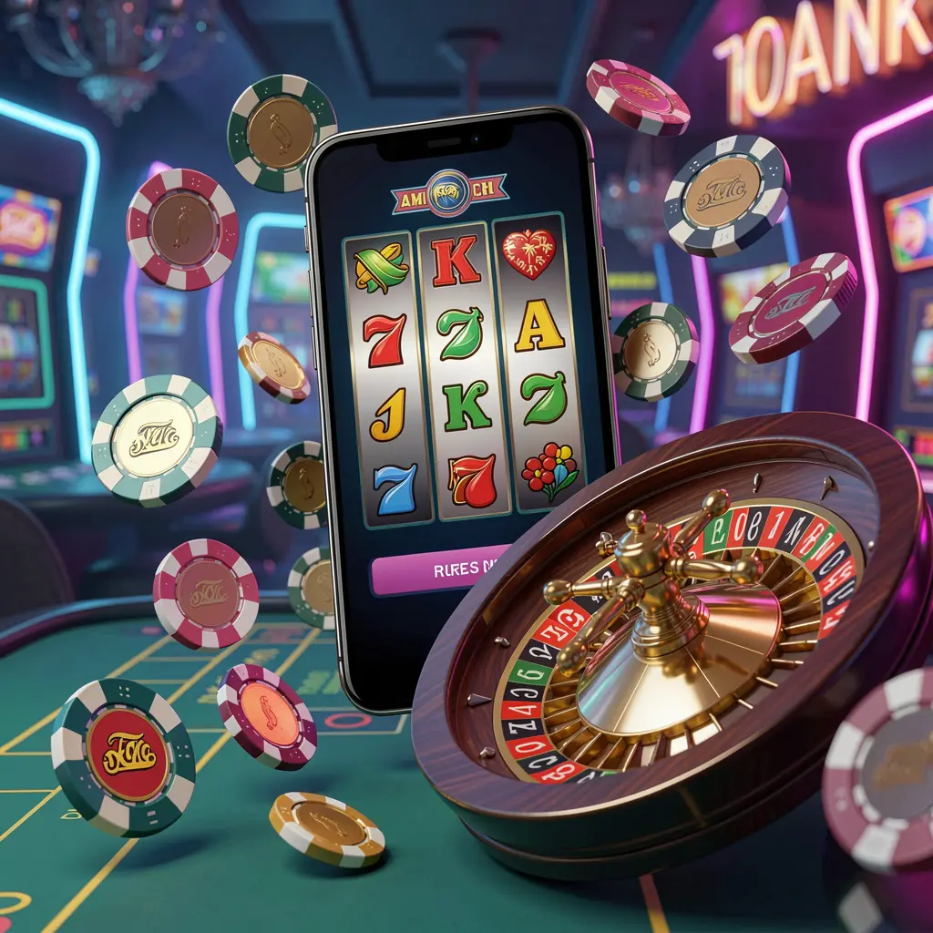 MOONPINAS casino entertainment homepage concept featuring a modern mobile phone surrounded by slot symbols, roulette wheel, chips, and coins floating against a neon casino background in a premium 3D render
